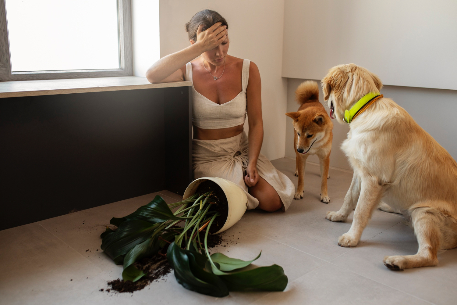 This image depicts two light colored dogs sitting with a woman on the ground looking upset over a broken vase.