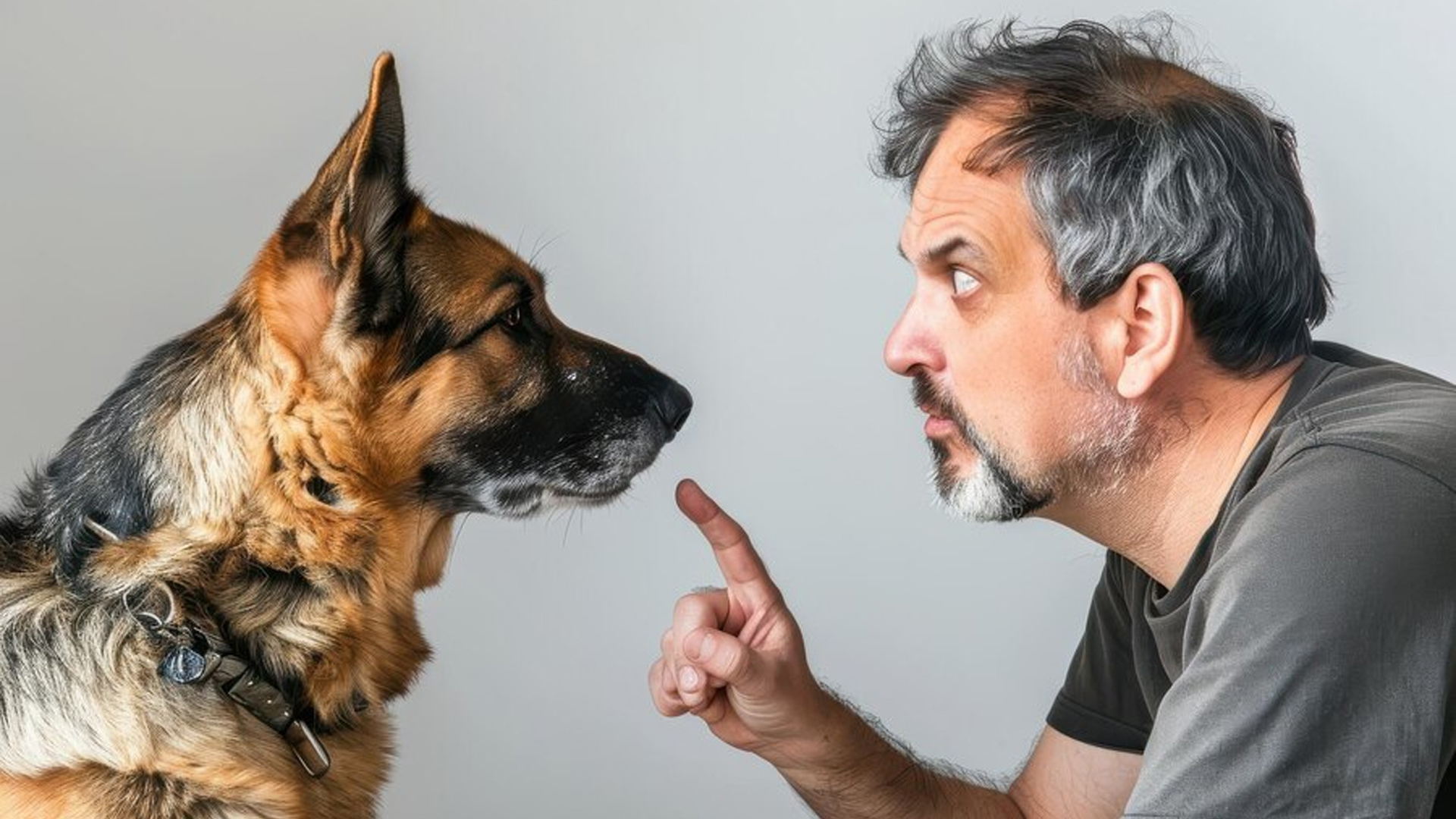 This image depicts a man pointing his finger at a German Shepherd dog that is looking at him.