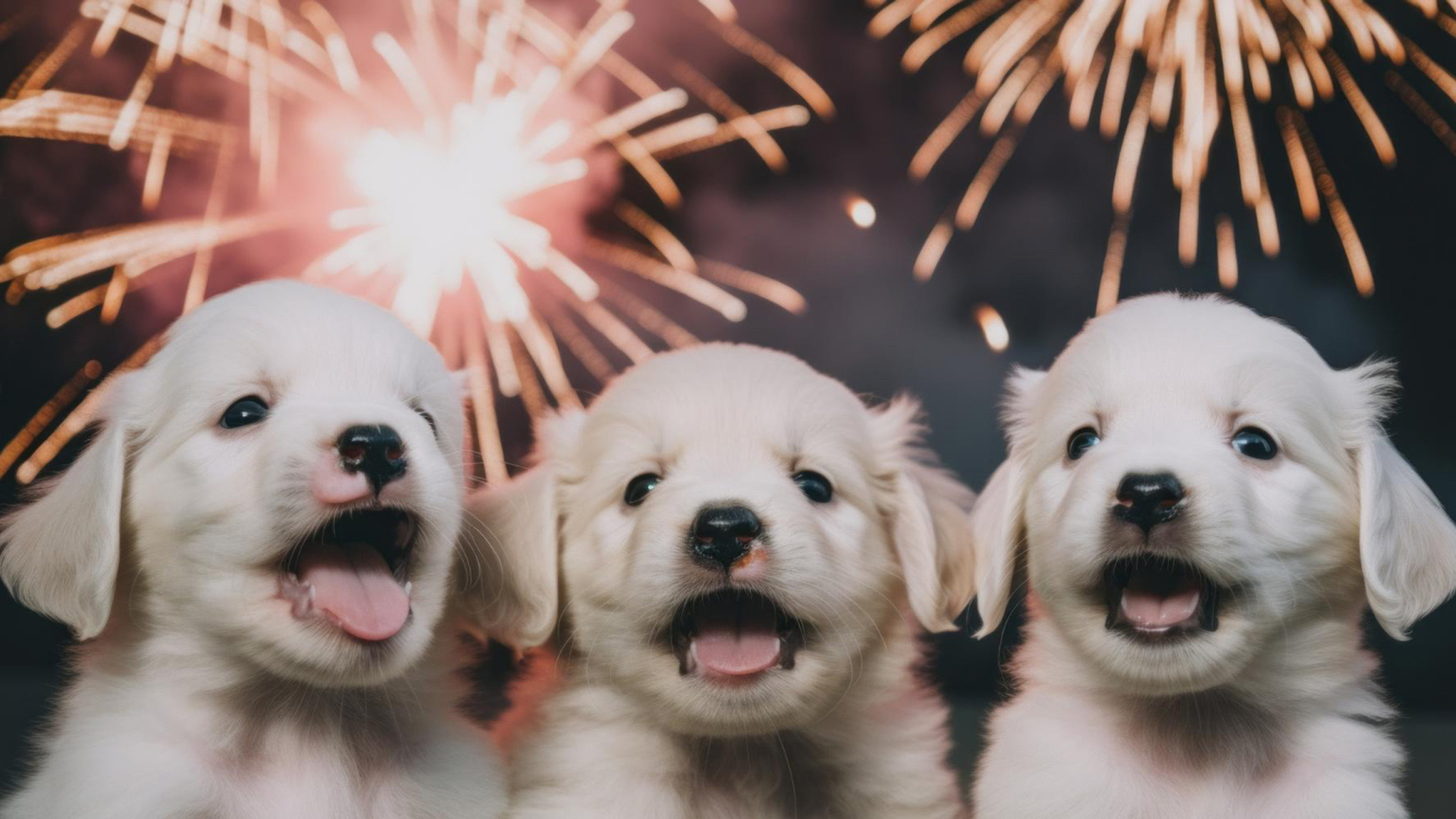 This image depicts three blonde happy puppies with fireworks in the backdrop.