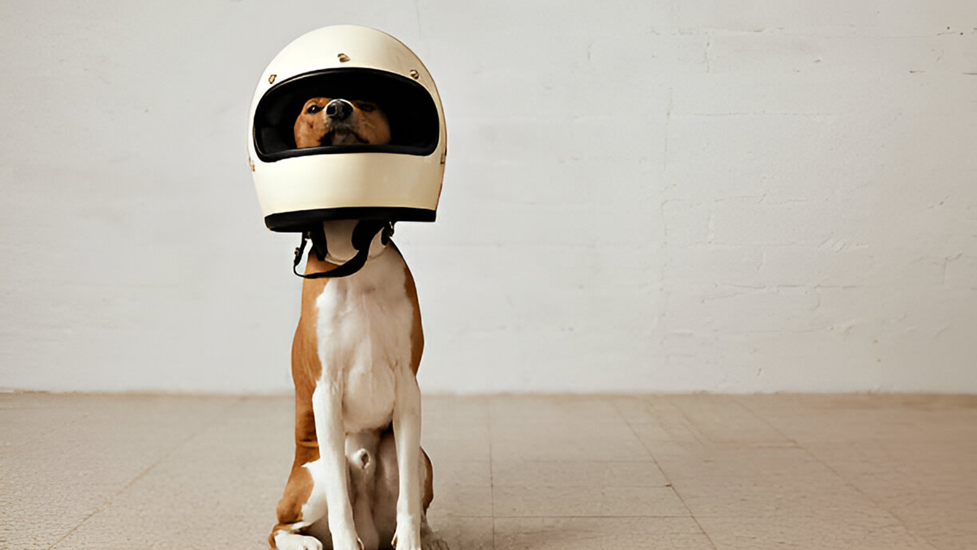 This image depicts a brown and white dog sitting down with a human helmet on their head.